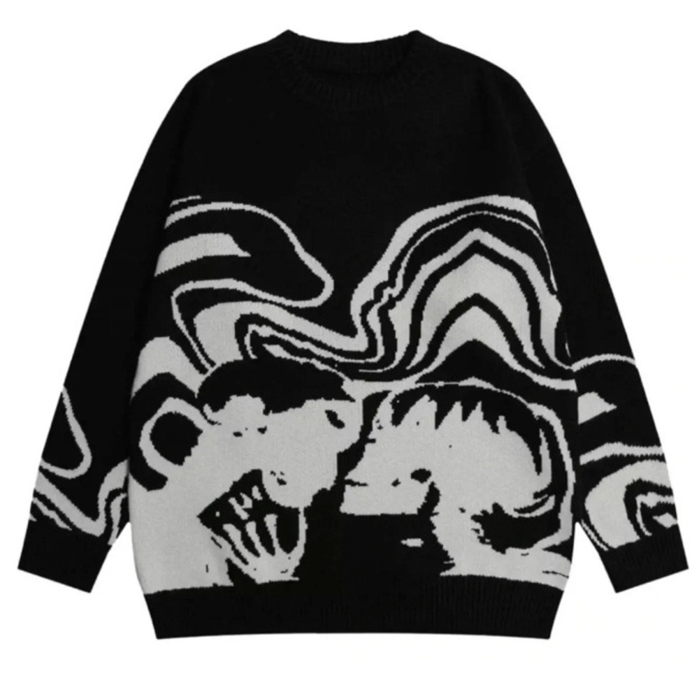 Aelfric Eden Black White Skeleton Portrait Thick Knit Crewneck Sweater Sz Medium
